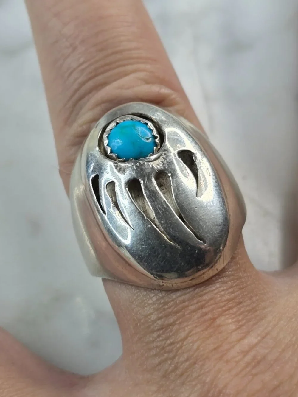 Mens Vintage Estate Sterling Silver Navajo Bear Paw Turquoise Ring 17.8g E5550